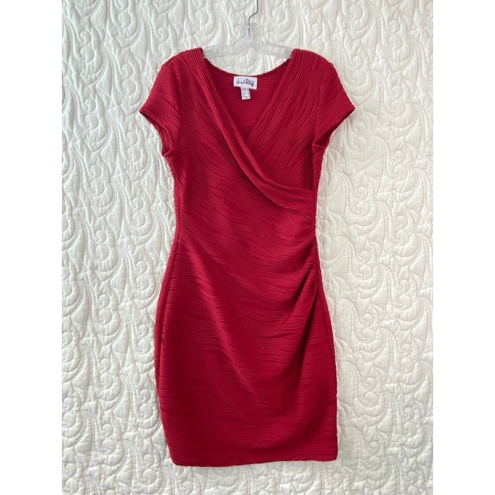 Joseph Ribkoff Sheath Dress Red Womens 12 Textured Faux Wrap Ruched Bodycon
